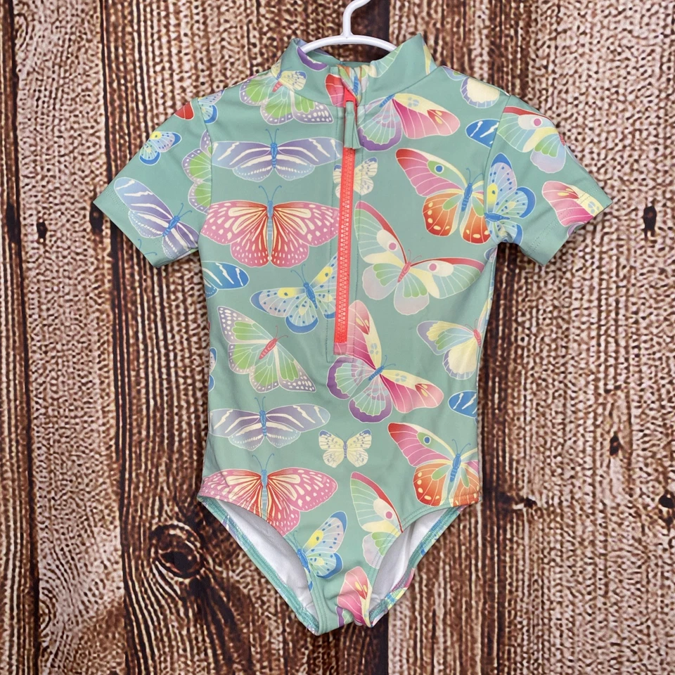 Mini Boden Mädchen Kurzarm Rash Guard Badeanzug 3-4 Jahre Schmetterling Grafik