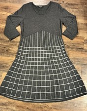 Nine West Sweater Knit Dress LG Charcoal Gray White Geometric Design 3/4 Sleeve