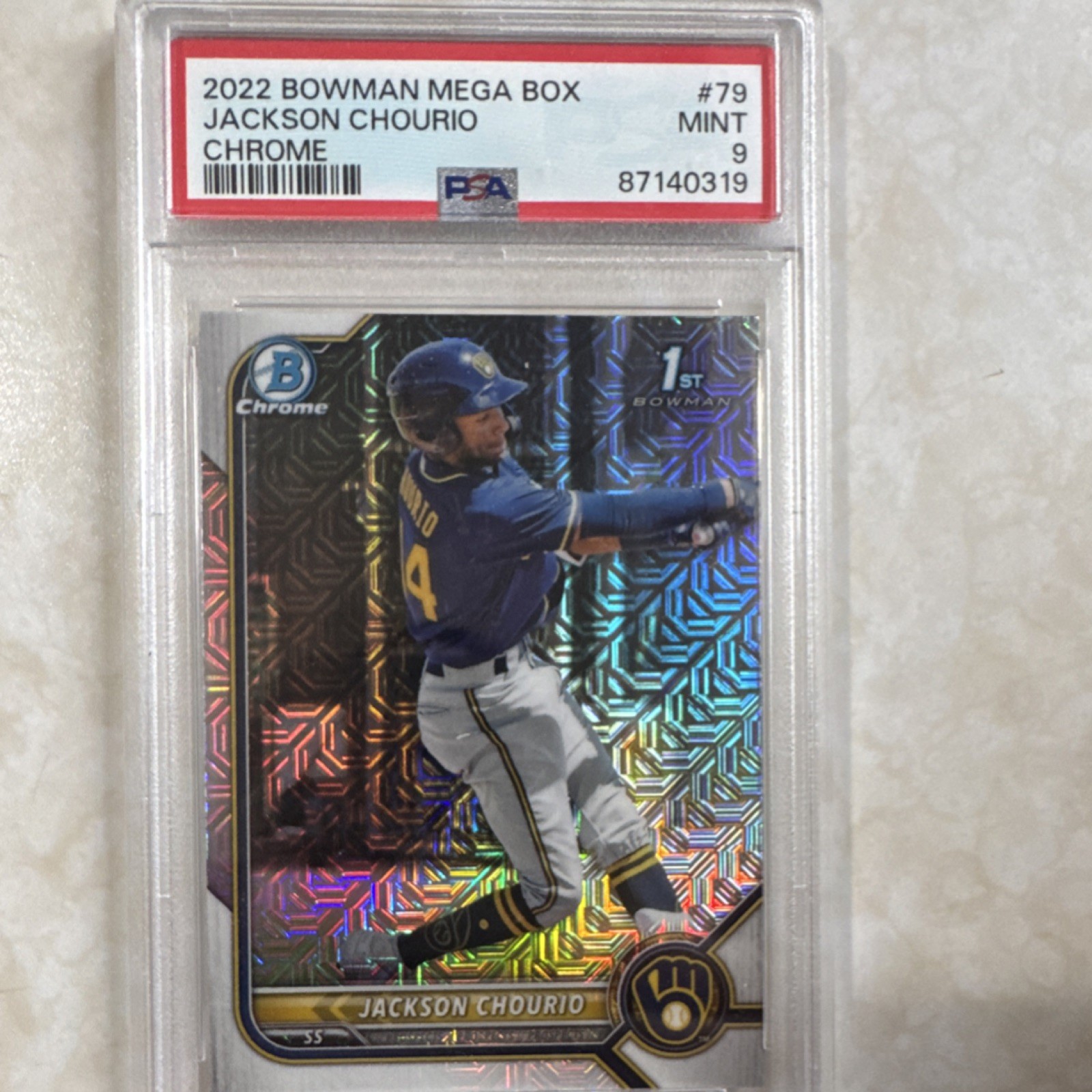 Topps 2022 Bowman Mega Box Mojo Chrome Jackson Chourio #BCP-79 PSA 9 Brewers
