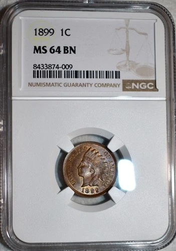 NGC MS-64 BN 1899 Indian Head Cent, Frosty, Iridescent Toned specimen.