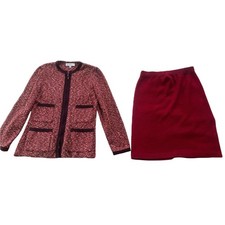 Vintage St John Collection Marie Gray Red Burgundy Knit Skirt Suit Jacket Sz 8