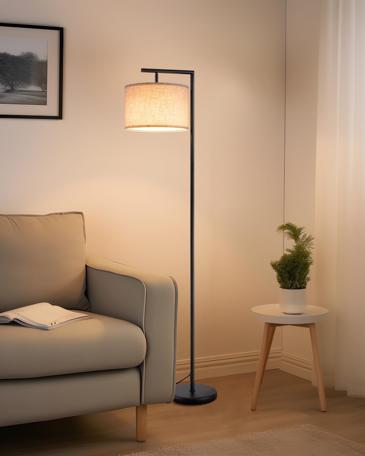 Lampadaire de salon en lin beige avec abat-jour orientable de 150 cm