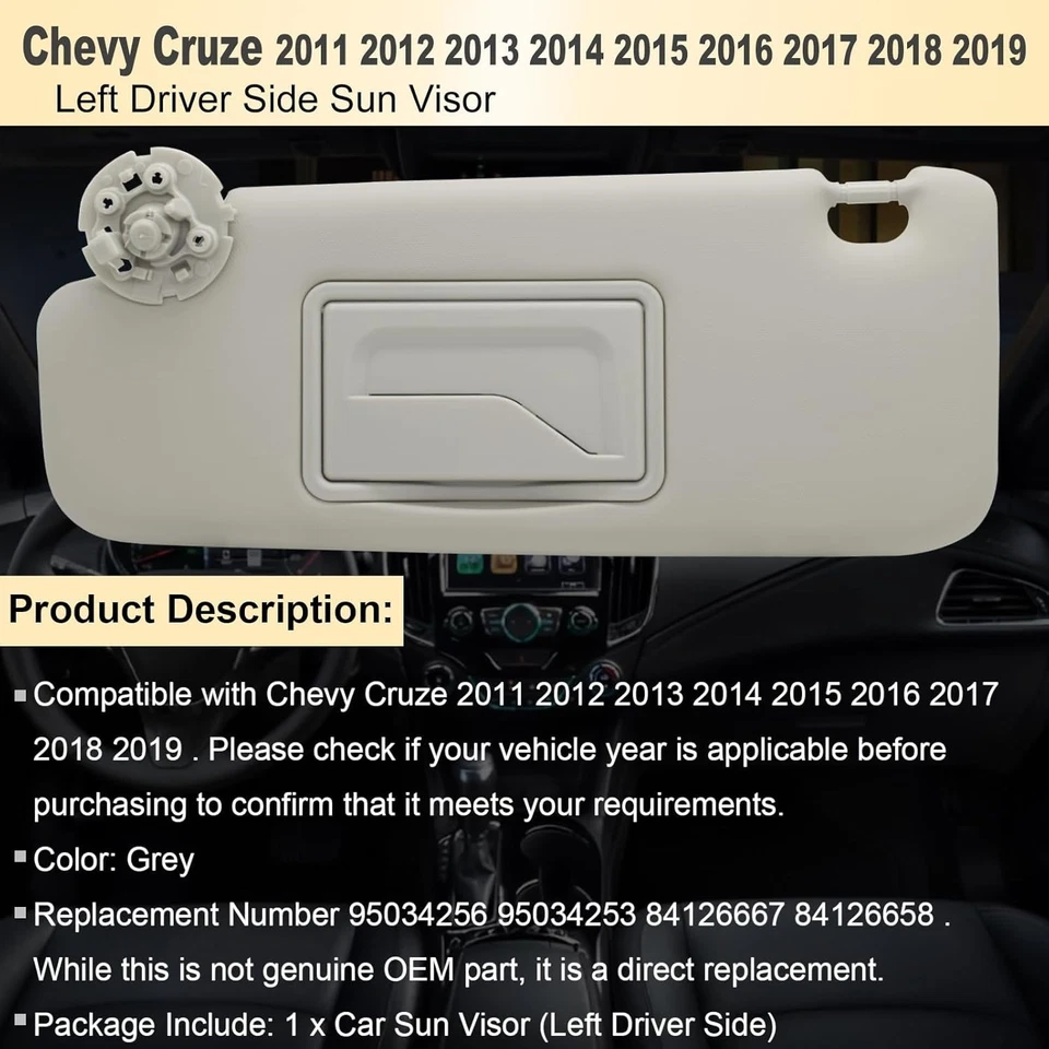 Durable Grey Left Driver Sun Visor Replacement for Chevy Cruze 2011-2019 - Image 4 of 4