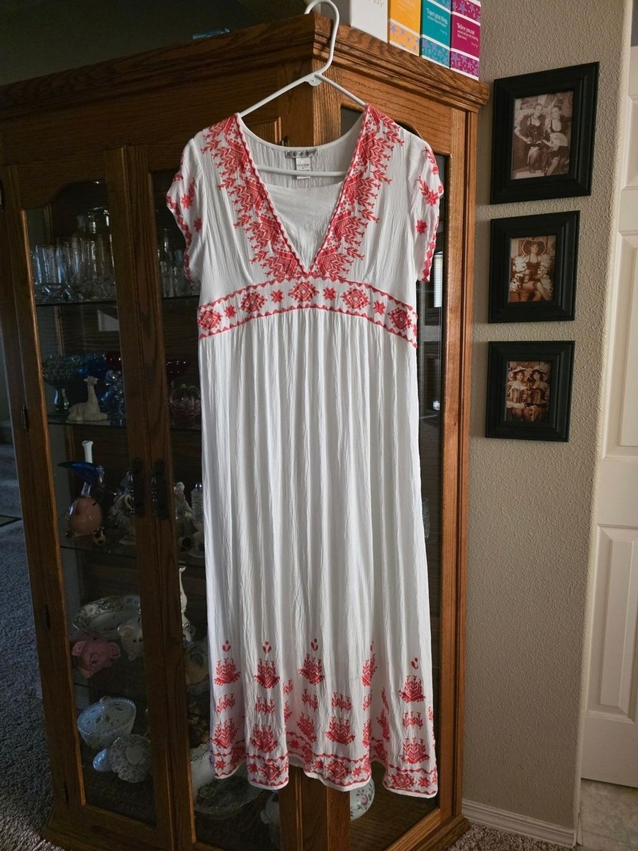 red and white embroidered maxi dress Ivory Linen Blend Embroidered Dress - Maxi Dresses main image 1