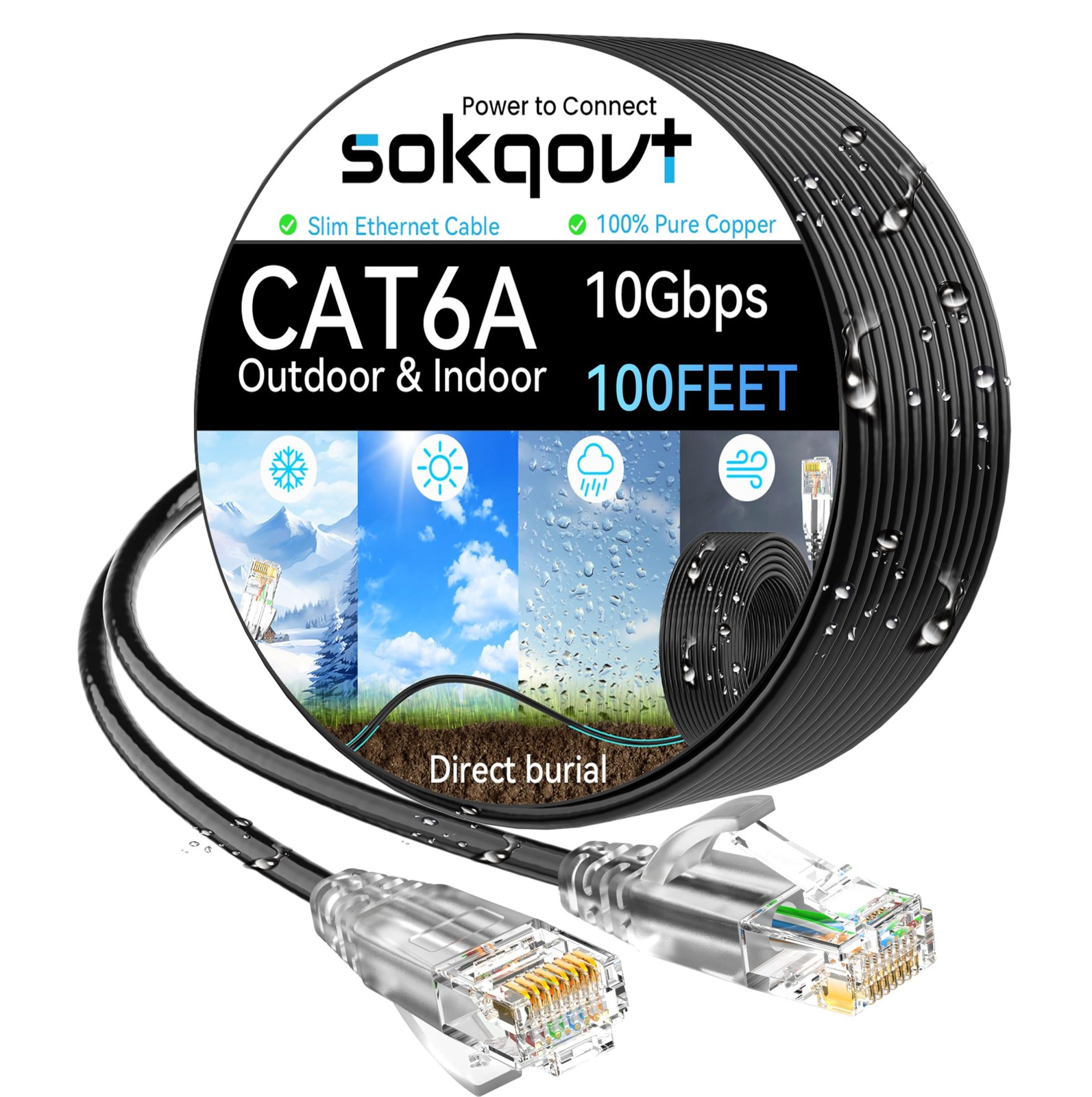 Cat6a Ethernet Cable Slim 100ft Outdoor&Indoor, 28AWG Pure 100ft, Black-image