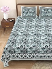 BOHOBAZARINDIA 100 Cotton Double Bedsheet Set Gray Jaipuri Print with 2 Pillow