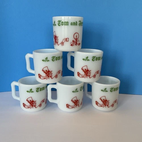 Hazel-Atlas Set Of 6 Tom and Jerry Vintage Milk Glass Punch Mugs Mid-Century