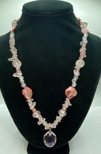 Sterling Silver Freshwater Pearl & Rose Quartz, Crystal Toggle Necklace 53.0g