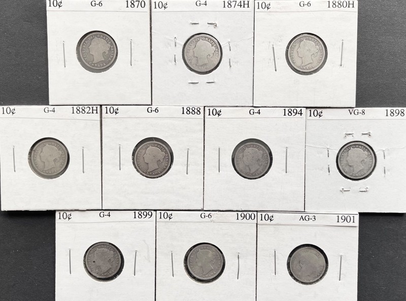 Canada Silver 10 Cents Victoria Collection, 10 Dates: 1870-1901