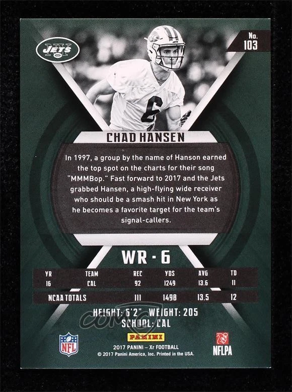 2017 Panini XR Rookies Black 1/1 Chad Hansen #103 Rookie RC - Image 2 of 2