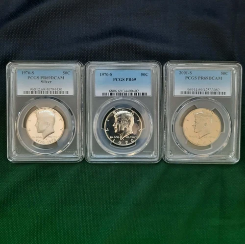 1970, 2001 and 1976-S Kennedy Half Dollar PCGS PR69 DCAM Silver Bicentennial