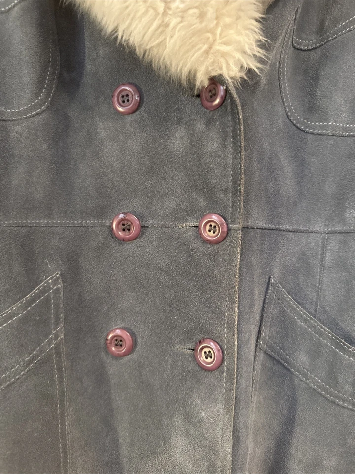 RARO Vintage Penny Lane Anos 70 Camurça Azul Comprimento Médio, Gola de Pele Grande Tamanho Pequeno - Imagem 3 de 4