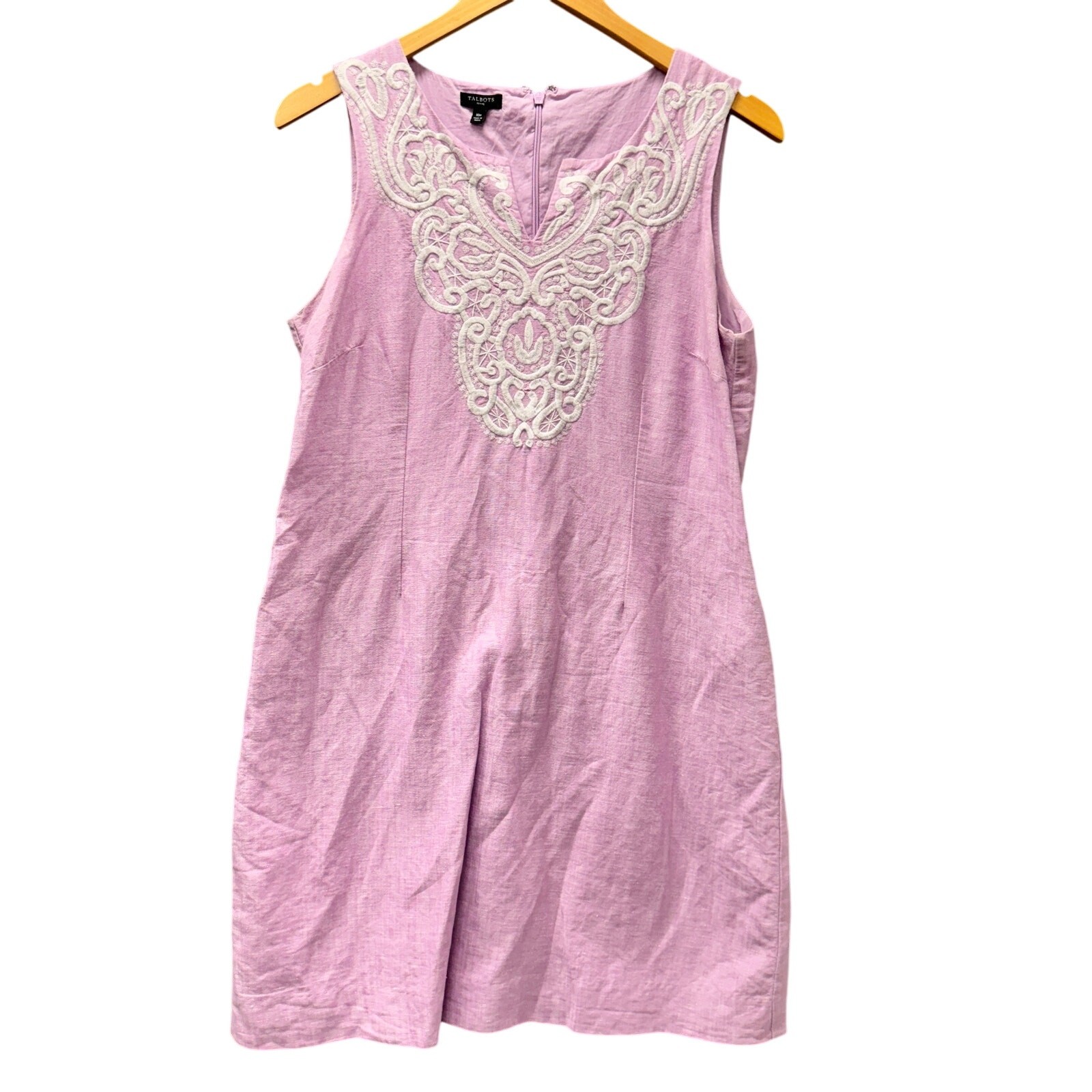 Talbots Shift Dress Womens 10P Petite 10 Pink Linen Cotton Embroidered Coastal