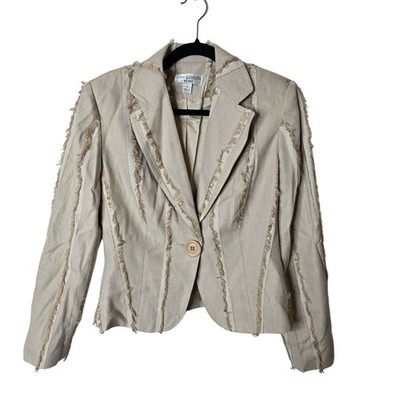 Lena Gabrielle New York Fringe Trim Blazer Jacket Womens Size 6 Beige