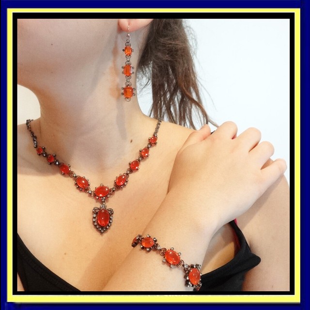 Antique Necklace Bracelet Earrings Set Edwardian Fire Opal Fit for a Queen (5977 Antique Necklace Bracelet Earrings Set Edwardian Fire Opal Fit for a Queen (5977