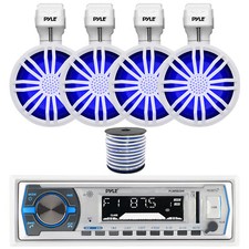 Pyle Marine MP3 Receiver, 4x 3.5" Bluetooth LED White Speakers w/Remote, Wire