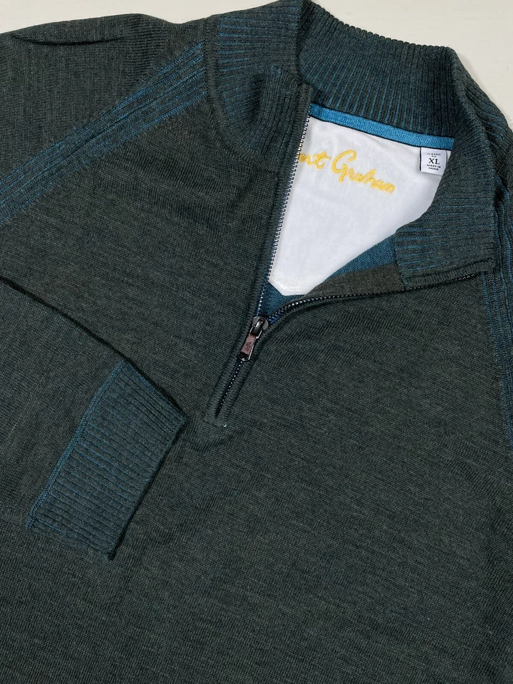 Robert Graham Men Size XL 100% Wool 1/4 Zip Green Pullover Sweater Fine Knit - Image 2 of 4