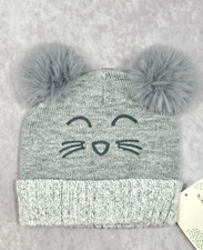 Kids Girls Gray Winter Warm Beanie Hat Knit Kitty Cat Pom Pom Ears Gift