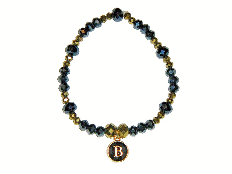INITIAL "B" CHARM (BLACK) BEADED BRACELET (8"):  HAND-MADE JEWELRY BY T.L.C.