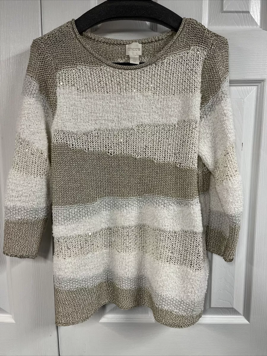Chicos Size 1 Sparkly Gold Silver Cream Sweater 3 4 Sleeves eBay