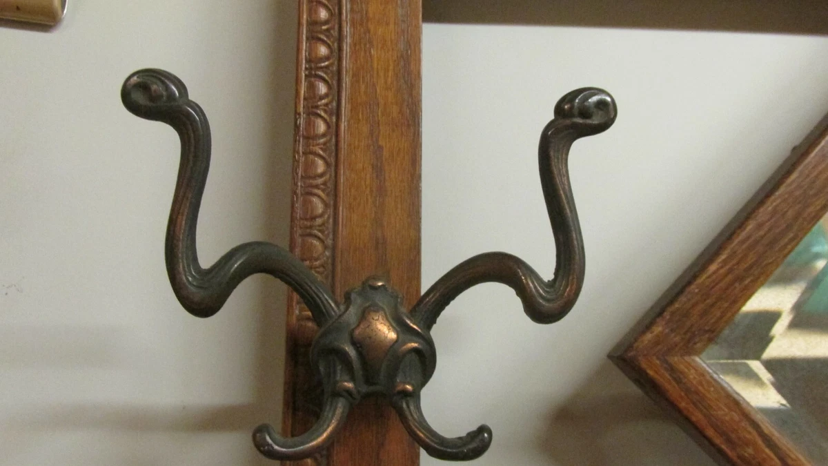 Antique Oak Wall Mirror Coppertone Iron Coat Hooks Rack