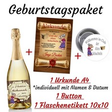 Karte Urkunde + Button + Flaschenetikett Geschenk Geburtstag Set Alte Schachtel