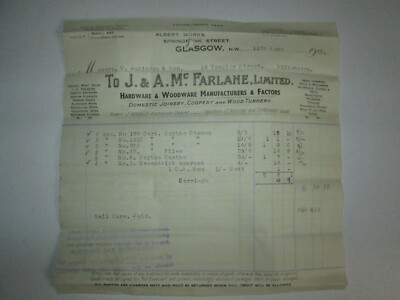J & A McFarlane Hardware Manufacturers Albert Works Glasgow Vintage Billhead C10