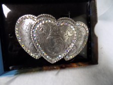 New Womens Silver Triple Heart Rope Trim Rhinestone Accent Western Belt Buckle
