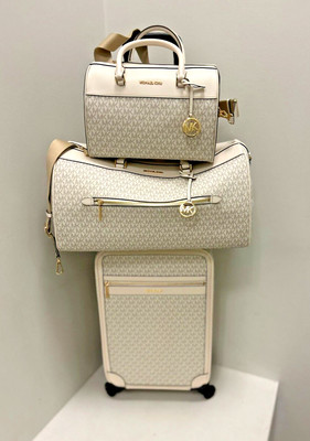 Michael Kors Small Trolley Suitcase + XL Luggage +Duffle Combo Bag - Light Cream