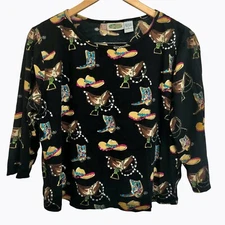 Collections Etc Western Top Large Black Cotton Sequin Cowboy Hat Boots Pullover