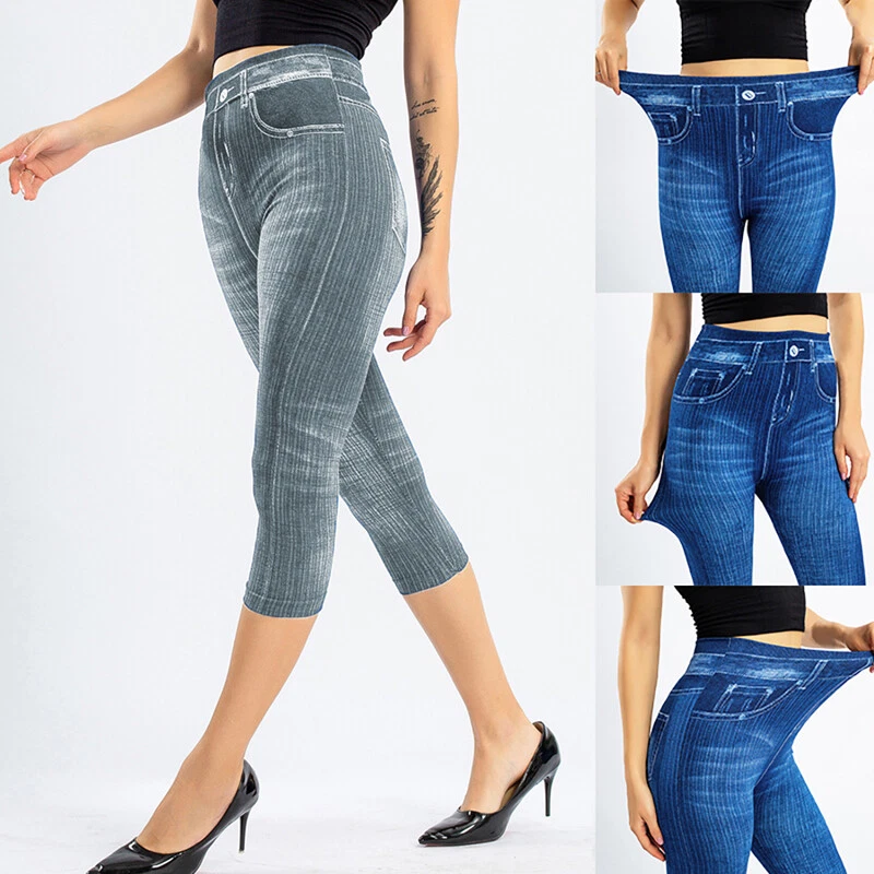 Women 3/4 Stretchy Denim Print Pants Denim Look Skinny Legging