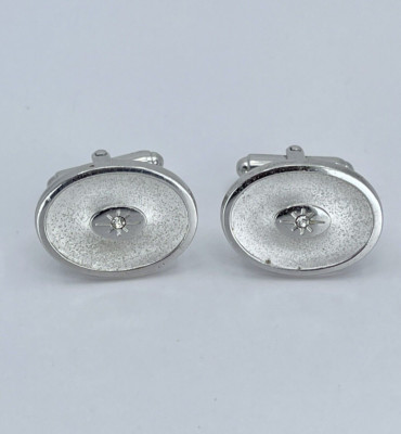 Vintage Anson silver tone mens cufflinks white rhinestone starburst design