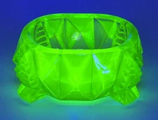 Oval Blocked Uranium Salt Cellar Vintage Depression Glass 3"