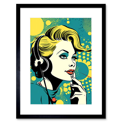 Retro 1950's Woman Telephone Headset Comic Book Style Framed Art