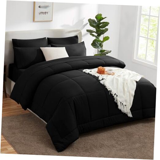CozyLux Comforter Set - 7 Pieces Bed in a Bag Set Bedding Sets with Queen Black