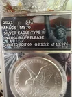 New Listing2021 Type 2 Silver Eagle ANACS MS70 Inaugural Release 2132 Of 13976 Great Price