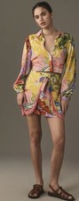 NWT Anthropologie Farm Rio Long-Sleeve Fringe Tie-Front Mini Dress Small $228