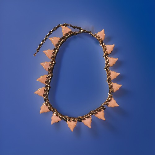 1950’s VTG Renoir Matisse Copper Necklace with Enamel Pink Laurel Leaves