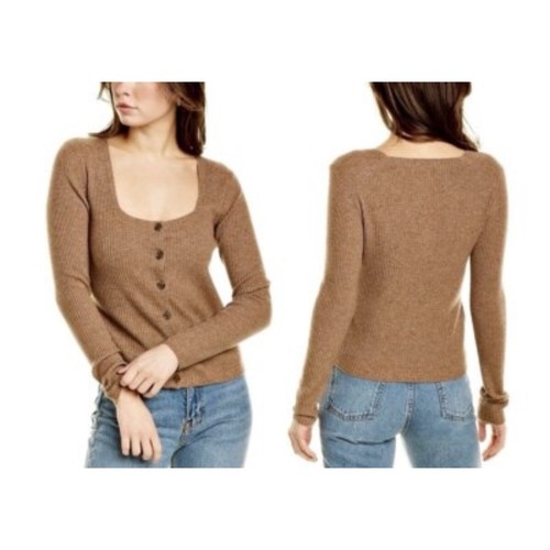 Vince Wool Cashmere Ribbed Square Neck Cardigan Fawn Brown L Minimalist Luxury