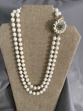 Vintage Double Strand White Beads Necklace w Enamel Flower  Rhinestones Clasp