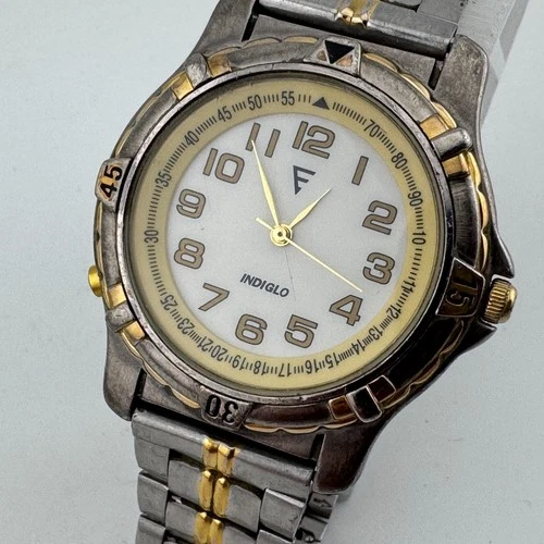 VTG Timex Indiglo Quartz Watch Men Dual Tone Fixed Bezel Analog New Battery 8"