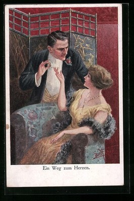 Artist postcard Bill Fisher: a way to the heart - Cavalier gives lady a ring 