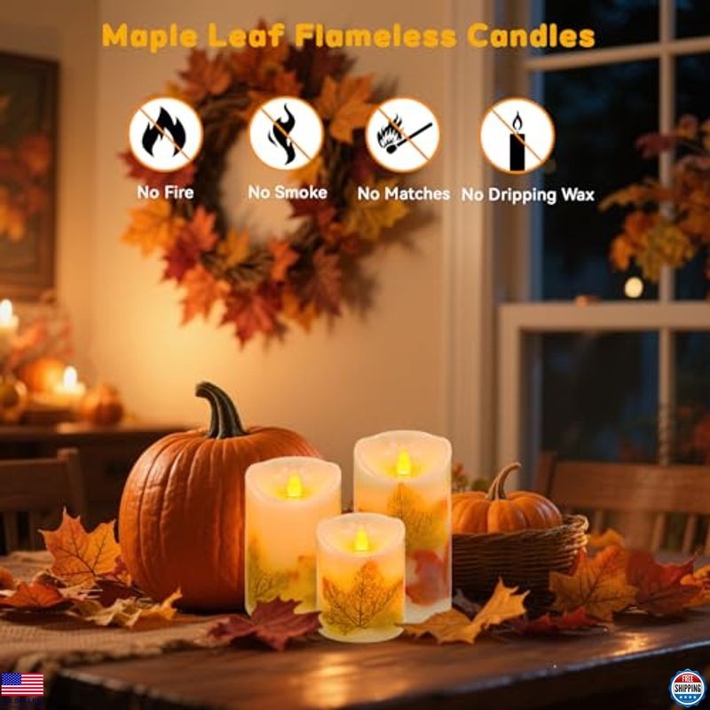 Set of 3 Maple Leaf LED Candles with Remote & Timer, Dimmable Battery Operated