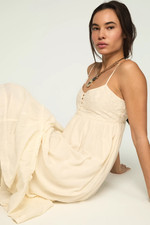 Lucky Brand Embroidered Henley Midi Dress Cream Size S/P NWT