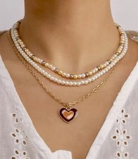 Beaded Layered Necklace Brown Heart Choker Fashion Jewelry Dainty Boho Hippie