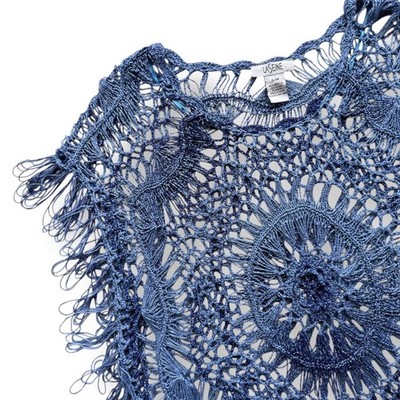 La Seine S/M Light Blue Crochet Fringe Tassel Medallion Openknit Poncho Festival