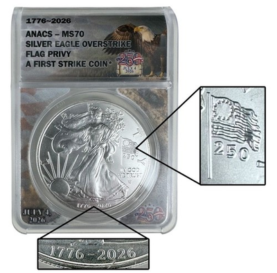 #ad 1776 2026 Semiquincentennial Silver Eagle Flag Overstrike ANACS MS70 $338.00