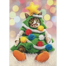 Cat Wearing Decorated Tree Costume and Orange Booties Pack of 10 Christmas Cards