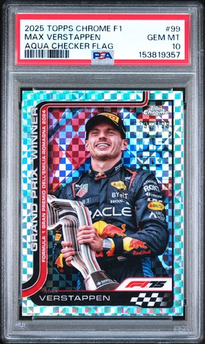 2025 TOPPS CHROME FORMULA 1 AQUA CHECKER FLAG #99 MAX VERSTAPPEN 190/199 PSA 10