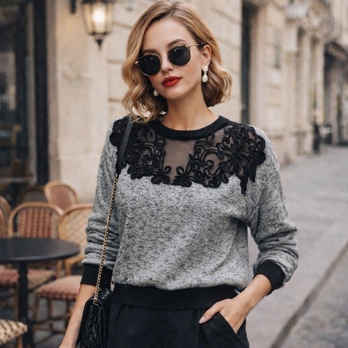 Sandro Grey Knit Sweatshirt Black Lace Illusion Neck Crew Neck Size 2
